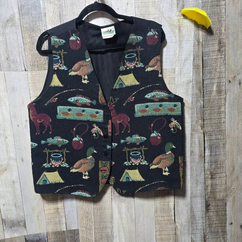 Northern Reflections Vintage Black Tapestry Vest Fishing Camping Outdoor Retro
